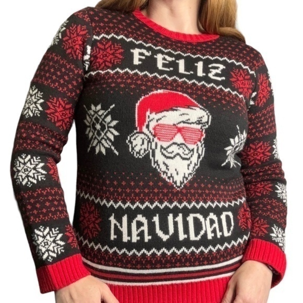 Holiday Time Feliz Navidad Sweater Black Red White Long Sleeve Christmas Size XL